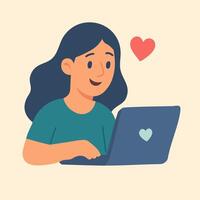 Flat of smiling girl using laptop with heart, symbolizing digital communication, love, and support. vector