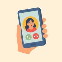 Flat of hand holding smartphone with incoming call interface and female avatar on screen. vector