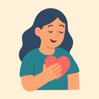 Flat of smiling girl with heart in hands, symbolizing gratitude, kindness, and emotional care. vector