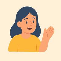Flat of friendly girl waving hand, symbolizing greeting, openness, and online communication. vector