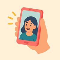 Flat of hand holding smartphone with girl's face on screen, symbolizing call and online communication. vector