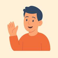 Flat of happy boy with raised hand, showing greeting, friendliness, and online interaction. vector