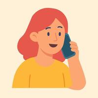 Flat of smiling girl holding smartphone to ear, symbolizing voice call, communication, and support. vector