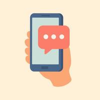 Flat of hand holding phone with typing bubble, symbolizing online chat, reply, and messaging activity. vector