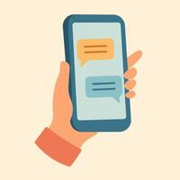 Flat of hand with smartphone screen showing chat bubbles, symbolizing texting, online communication, and messaging. vector