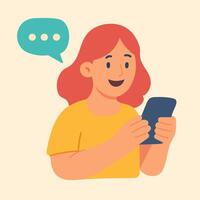 Flat of happy girl using smartphone with message bubble, symbolizing online chat and communication. vector