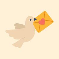 Flat of cute bird flying with heart envelope, symbolizing romantic message and warm connection. vector