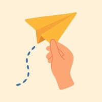 Flat of hand holding paper plane, symbolizing sending message, start of communication, freedom. vector