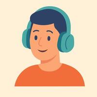 Flat of smiling boy in headphones, symbolizing audio communication, remote work, or music listening. vector