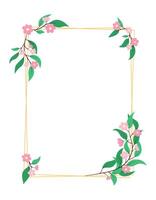 Vertical rectangular floral frame with elegant gold geometric lines and pink flowers isolated on white background. Decorative blossom design element for invitations, cards. Botanical illustration vector