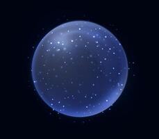 Blue magic fantasy sphere. Crystal ball with glowing sparkles and particles. Energy orb with glow flare light effect. Isolated on black background. illustration. vector