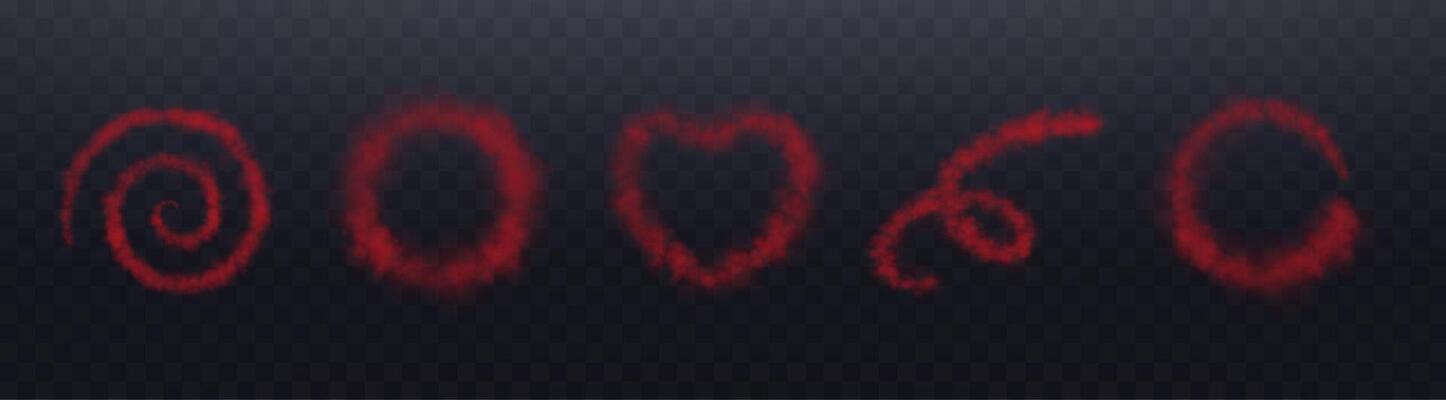 Realistic red smoke shapes rings. Spiral smoke or haze, overlay effect on a dark background. Circular magic fog, vapor. Abstract illustration