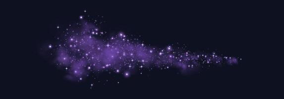Purple glittering dots, particles, stars, magic sparks with smoke. Glow flare light effect. Purple luminous points in fog. particles on dark background. vector