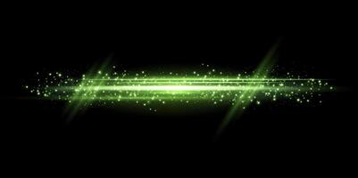 Green horizontal lensflare. Light flash with rays or green spotlight. Glow flare light effect. illustration. Isolated on black background vector