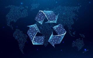 Wireframe polygonal recycling signwith globe map. Glowing blue lowpoly wireframe on a dark background. illustration design concept of Environment day. vector
