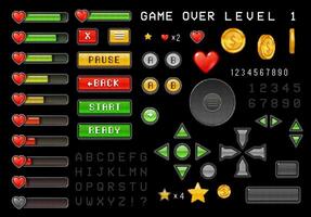 8bit pixel art game interface buttons, loading bar vector