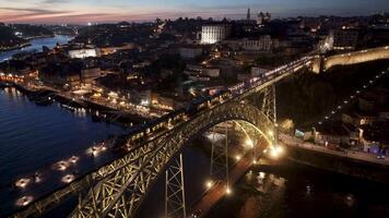Above view of Dom Luis I Bridge in Porto District of Porto in Portugal. Towers Mass Transit. video