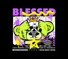 Blessed slogan featuring a half bear doll with a skull inside urban print design vector