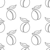 Apricot fruit seamless pattern. Single line illustration. Line art plum. One line peach texture. Outline fruit isolated on white background. Textile, fabric, texture design vector