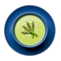 Gourmet asparagus soup with herbs in a stylish blue plate, top-down . A creamy and flavorful soup with a velvety texture, isolated on a white background png