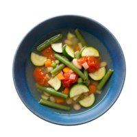 Italian-style Spring Minestrone soup in a blue dish, top-down shot on a transparent background. A light, nutritious, and warming meal with fresh spring vegetables png