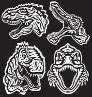 Design set with styled silhouettes of roaring dinosaur heads with fangs and open mouth on black vector