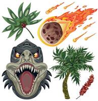 Design set with hand drawn roaring dinosaur head with fangs, tropical plants, palms and falling asteroid for t-shirt, stickers, print vector