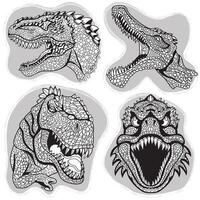 Design set with engraved roaring dinosaur heads with fangs and open mouth on white vector