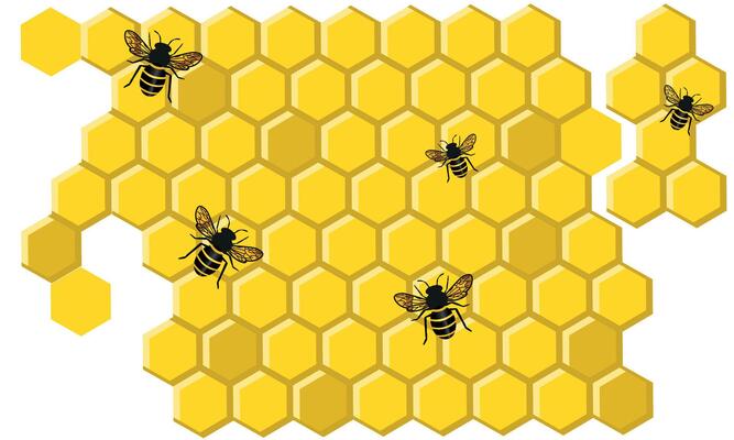 Bees on a honeycomb cells, insects on colorful hexagon shaped cells creating honey, delicious healthy sweet food concept