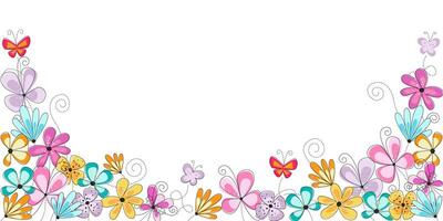 Bright summer spring border with colorful flowers and butterflies. Easter celebration background. Seamless spring border for card, invitation. vector