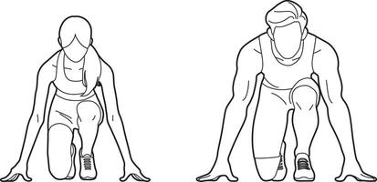 Female and Male Runner Crouch Start Outline. vector