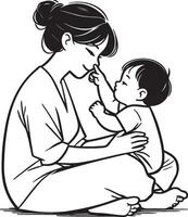 A Mother Takes Care of Toddler Sketch Illustration. vector