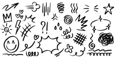 Sketch underline, emphasis, arrow shape set. Hand drawn brush stroke, highlight, speech bubble, underline, sparkle element. vector