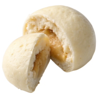 A soft, round pastry with a creamy filling, partially broken open to reveal its interior texture. png