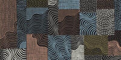 Hand drawn brush lines abstract patchwork collage waves and water with stitching texture pattern, Japanese Sashiko traditional embroidery handcraft inspired surface experimental design vector