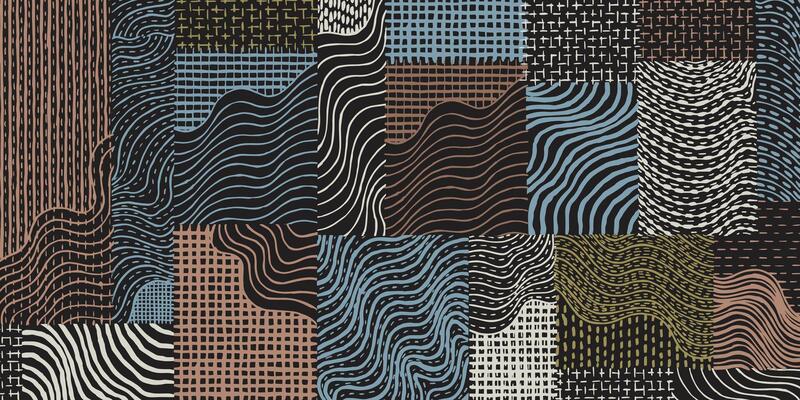 Hand drawn brush lines abstract patchwork collage waves and water with stitching texture pattern, Japanese Sashiko traditional embroidery handcraft inspired surface experimental design