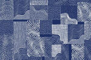 Hand drawn brush lines abstract patchwork collage waves and water with stitching texture pattern, Japanese Sashiko traditional embroidery handcraft inspired surface experimental design background vector