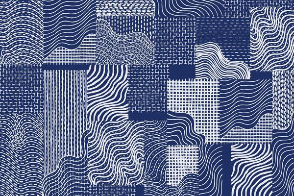 Hand drawn brush lines abstract patchwork collage waves and water with stitching texture pattern, Japanese Sashiko traditional embroidery handcraft inspired surface experimental design background