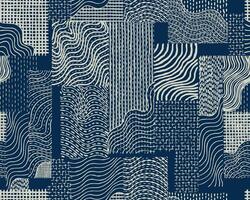 Seamless hand drawn brush lines abstract patchwork collage waves and water with stitching texture pattern, Japanese Sashiko traditional embroidery handcraft inspired surface design background vector