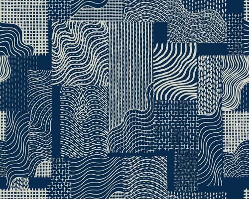 Seamless hand drawn brush lines abstract patchwork collage waves and water with stitching texture pattern, Japanese Sashiko traditional embroidery handcraft inspired surface design background