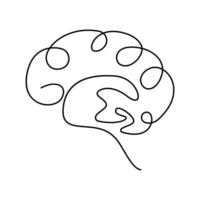 Human brain single-line art on a white artboard beautifully illustrates the complexity of the mind, using a continuous stroke to symbolize intelligence and creativity in a minimalist form vector