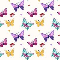 Seamless pattern with colorful butterflies arranged in a regular grid layout, each butterfly displaying unique wing shapes and decorations. Includes small heart and flower accents throughout. vector