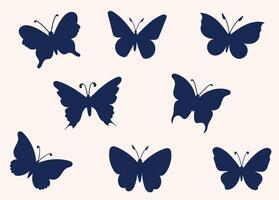 Set of dark butterfly silhouettes with varied wing shapes and antennae styles arranged in a clean layout vector