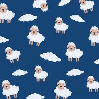 Pattern with cute sheeps and clouds on a blue background. In the cartoon style vector