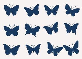 Set of dark butterfly silhouettes with distinct wing shapes and body details. Each figure is unique in form, arranged in a neat grid layout. Minimalist style. vector