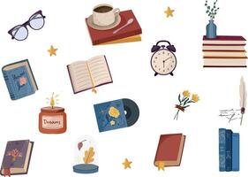 Set of books, flowers, candles, and another subject for reading atmosphere. It is cozy autumn time vector