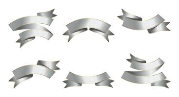 Set of Silver Ribbons, Tags with gold border isolated on white background. Silver award ribbons, luxury labels, badge premium quality certificate ribbons. Empty Silver Ribbons, Label Design for text. vector