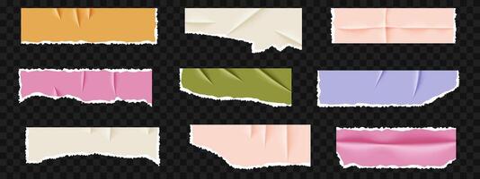 Torn notebook paper pieces with wrinkles and rips. set of orange, purple, pink, white, and green note sheets. Used for scrapbooking, design, and various creative projects. vector