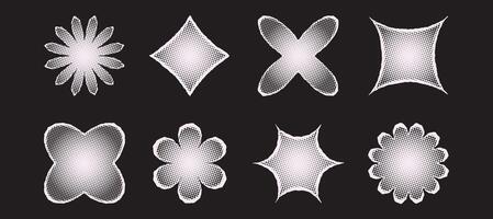 Set of halftone shapes in the form of flowers, stars, and diamonds. Grainy texture with noise and dot patterns, featuring a gradient and smooth gradation effect in Y2K style. vector