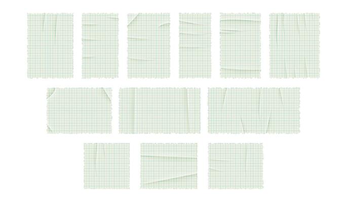 Notebook paper pieces with folds and creases. set of note sheets for scrapbooking, design, and creative projects. Simple and textured elements for digital use.